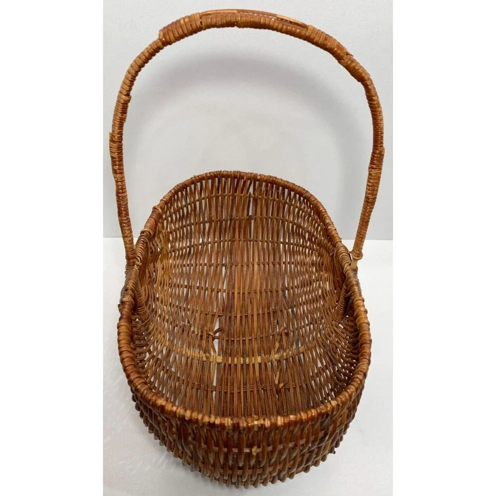VTG Handwoven Reed Melon Basket, Half God’s Eye, Oval Egg Gathering Cottagecore